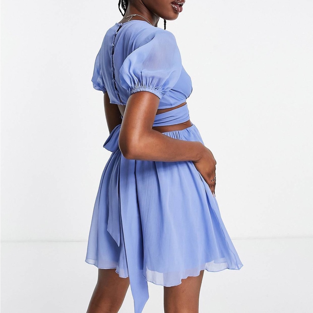 ASOS DESIGN soft tiered mini dress with tie waist detail in blue